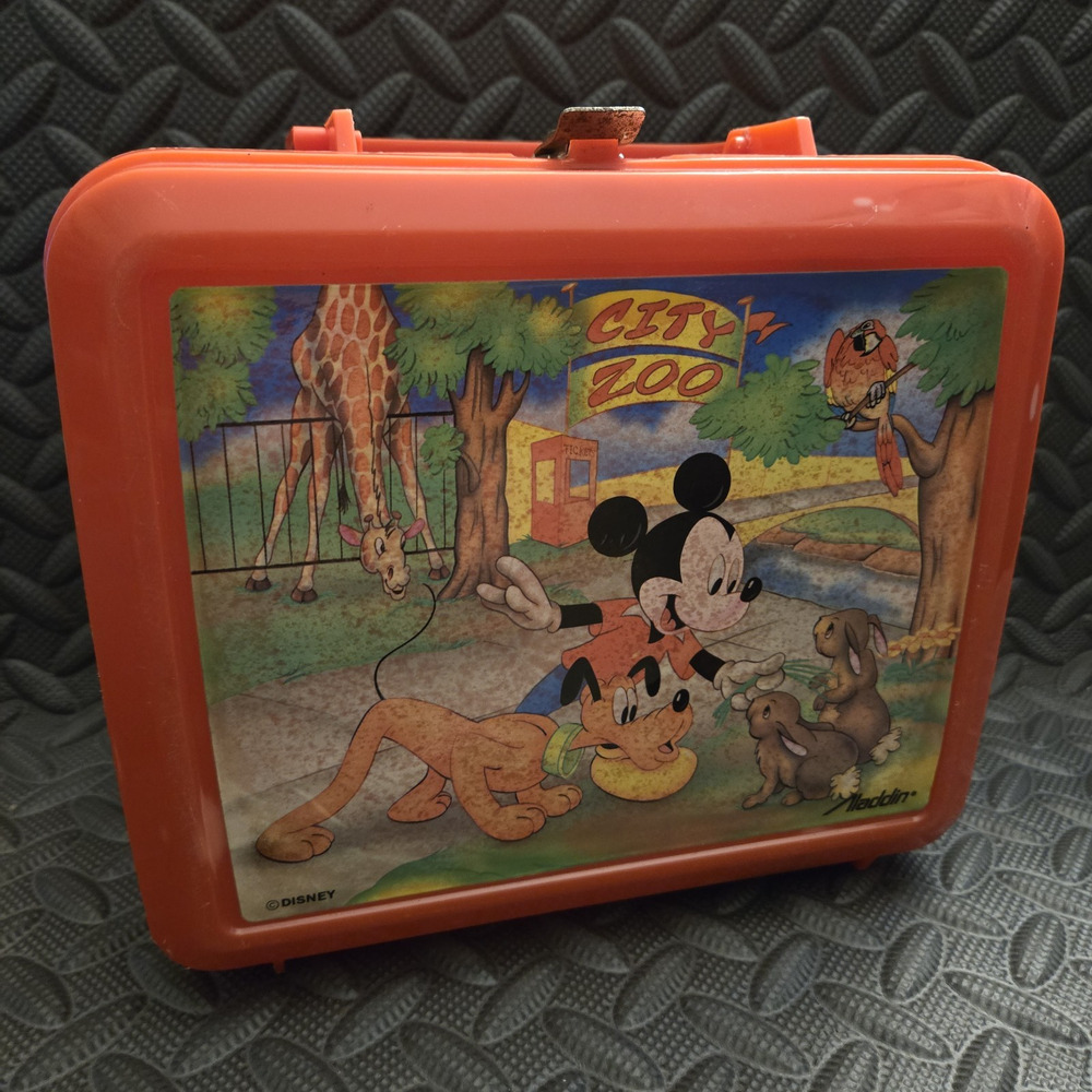 Vintage 1980s Mickey Mouse City Zoo Lunchbox with Thermos Disney Aladdin READ